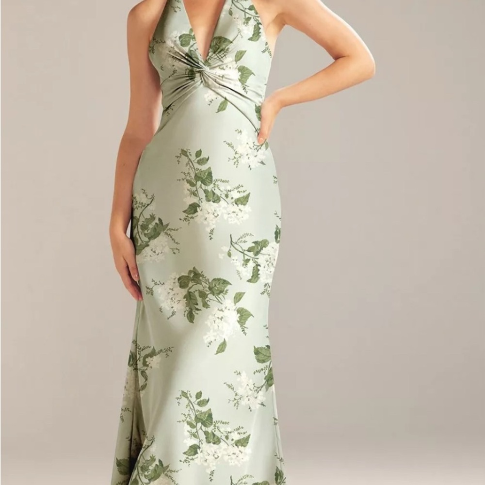 A.W. Bridal pistachio Elegant Green Floral Halter Dress